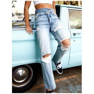Revice Denim B Side Foldover Waist Distressed High Rise Straight Leg Jeans